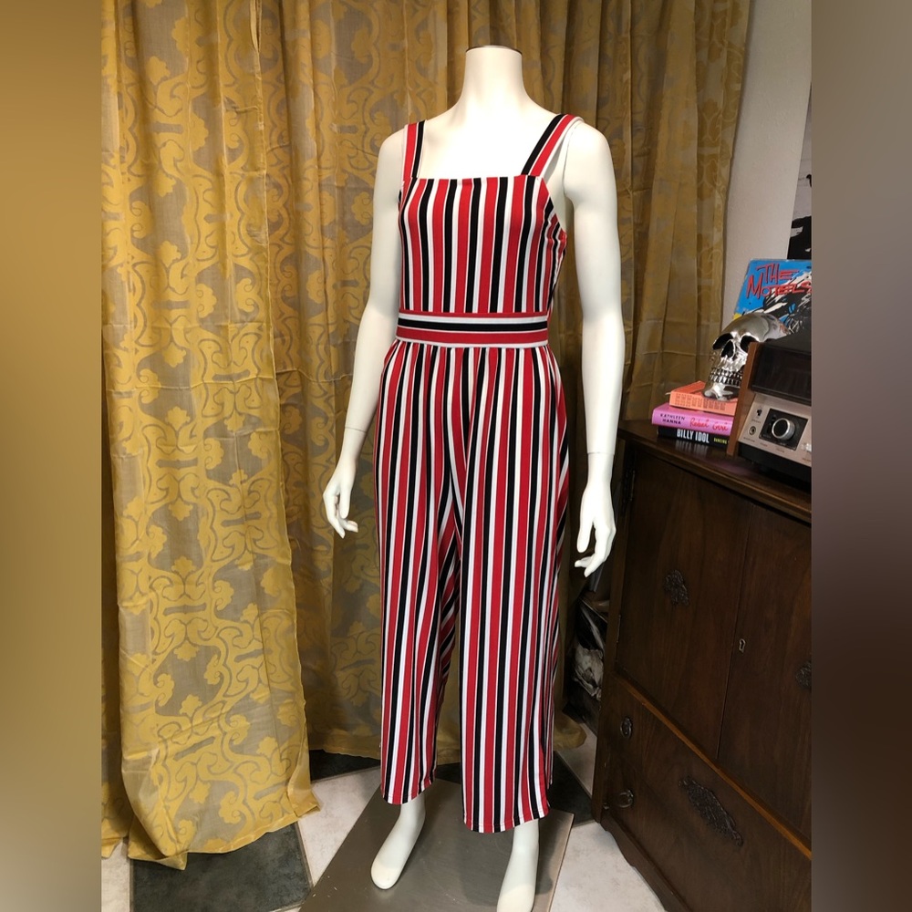 Express Red Black White Striped Square-Neck Jumpsuit